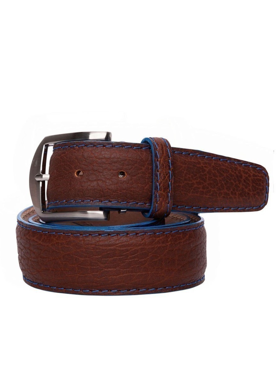 Men'S LEN Belts Belts | American Bison Belt Cognac Denim Edge & Stitching | Len Belts