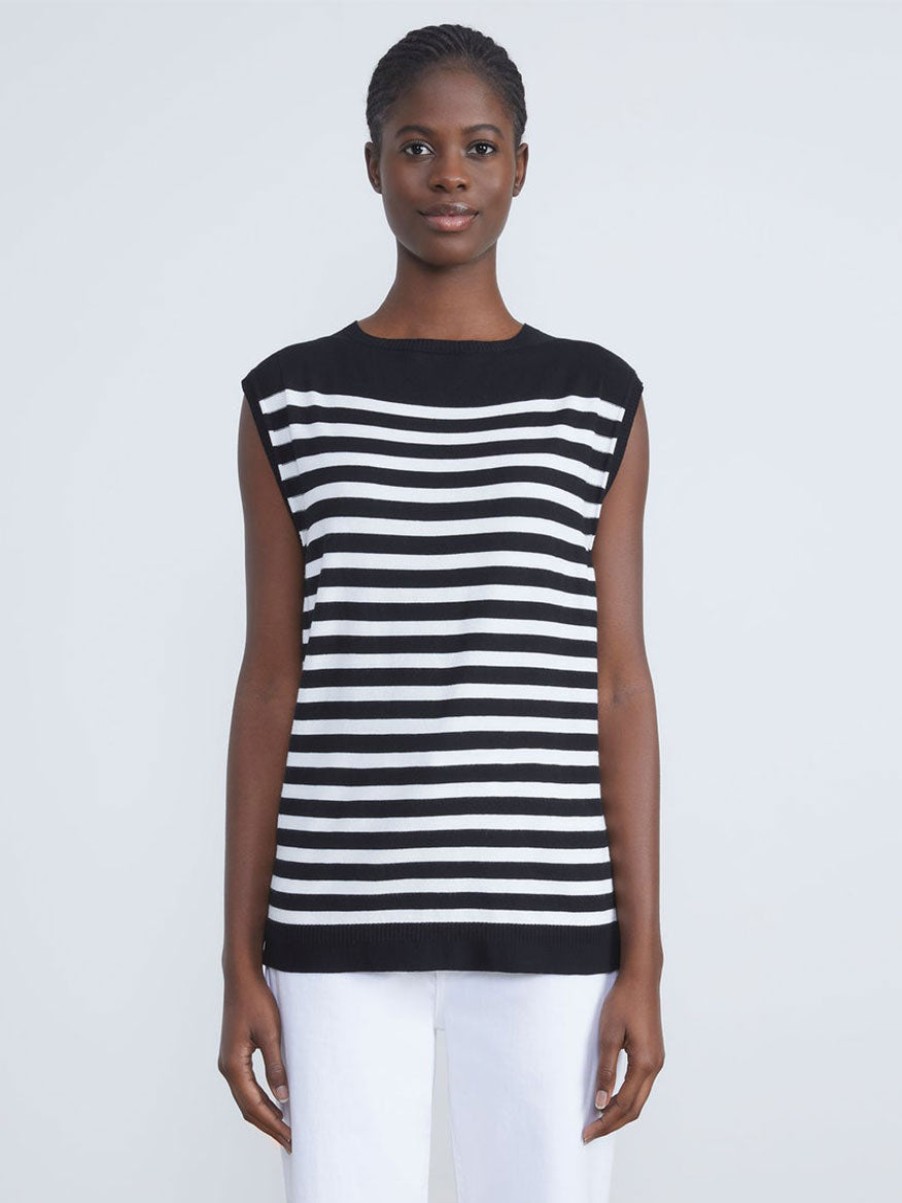 Women'S Lafayette 148 New York Tops | Buy Matte Crepe Striped Bateau Neck Top In Navy Tops