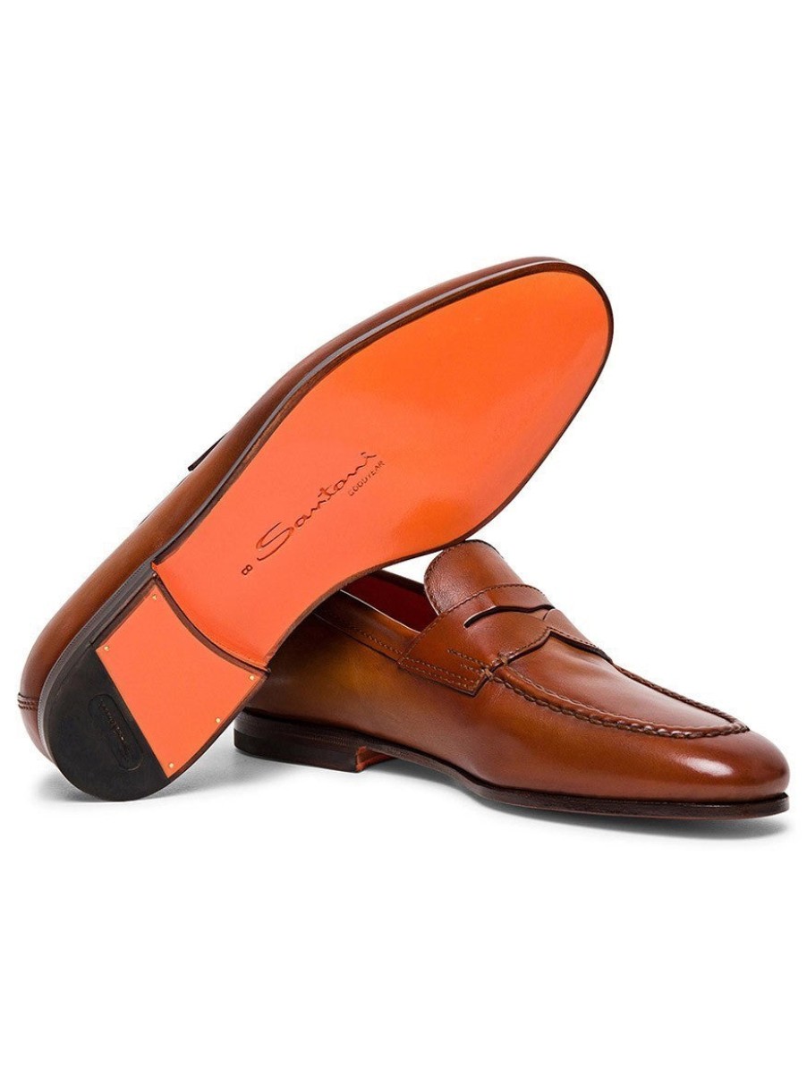 Men'S Santoni Loafers & Slip-Ons | Door Leather Penny Loafer Light Brown | Santoni