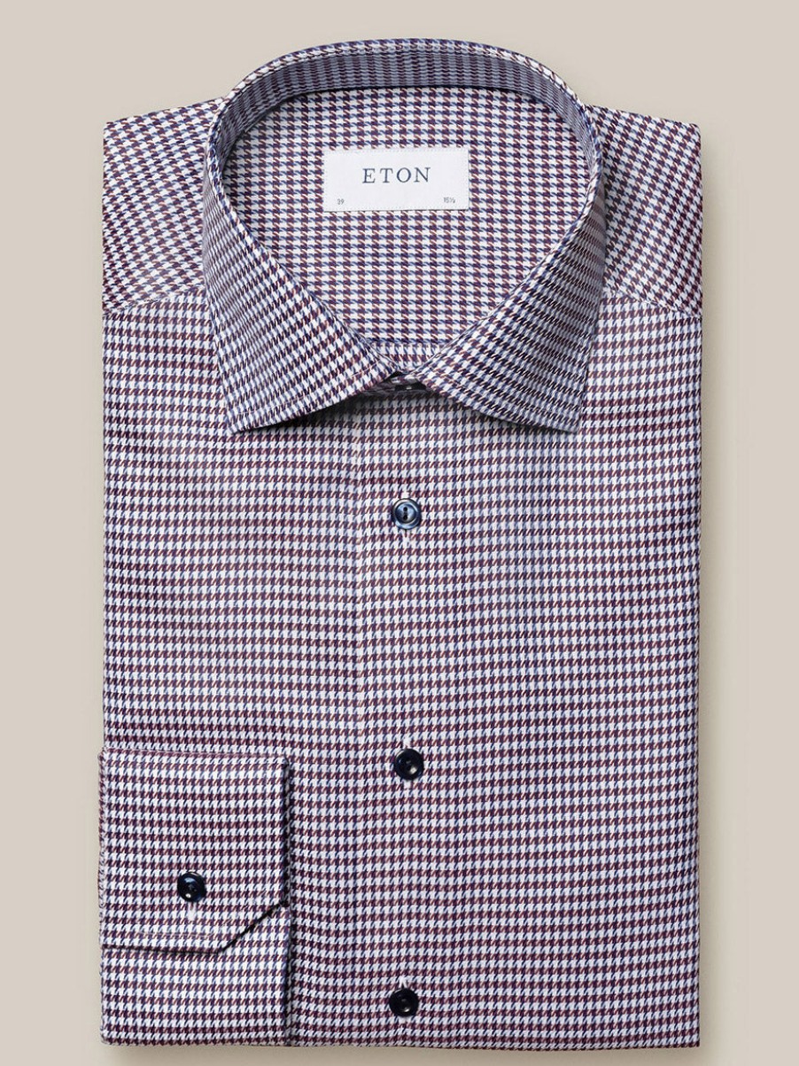 Men'S Eton Dress Shirts | Burgundy Red Houndstooth Signature Twill Dress Shirt | Eton