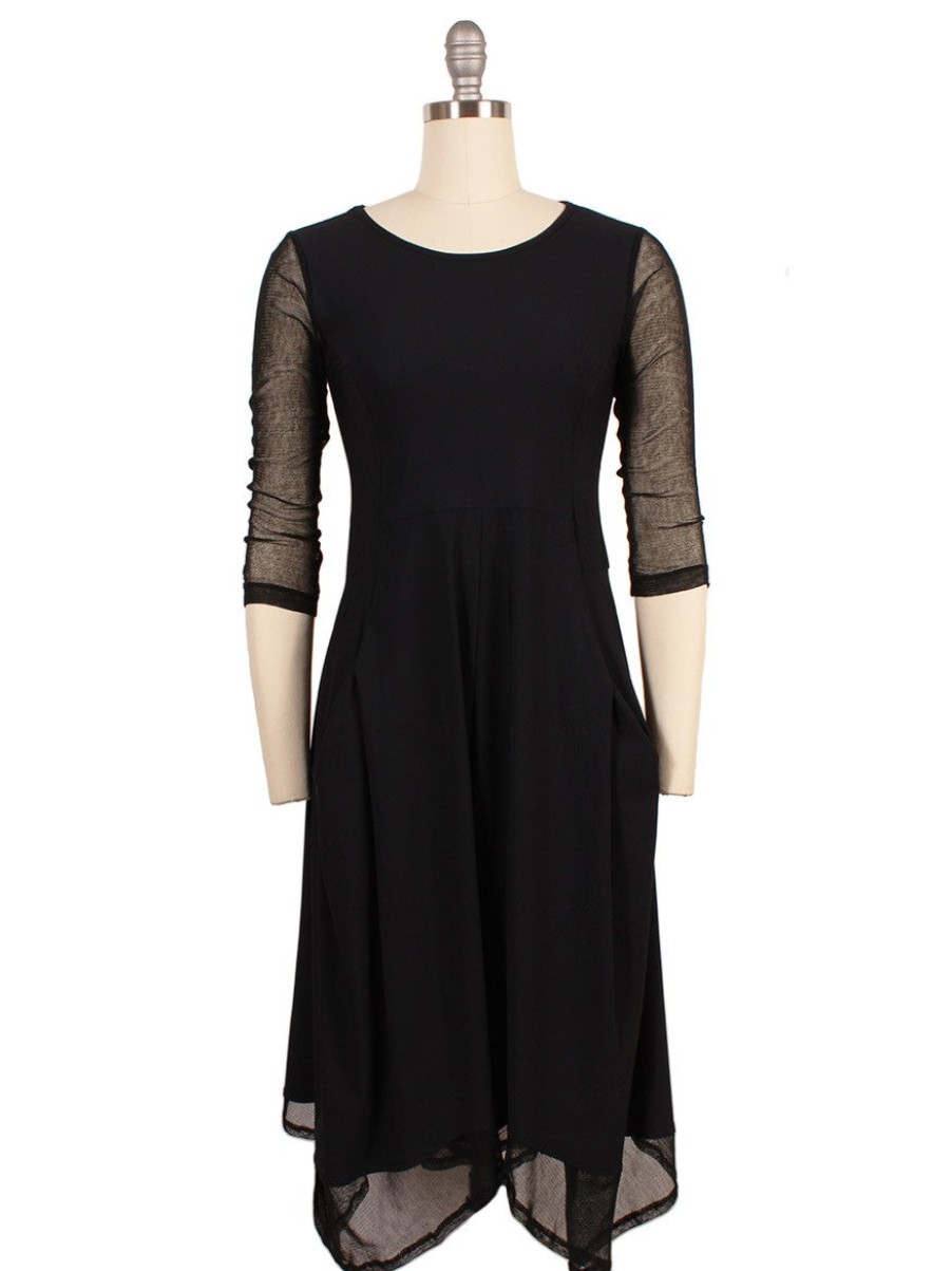 Women'S Porto Dresses | Calista Mesh Trim Dress Black | Porto