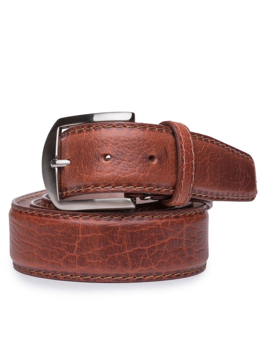 Men'S LEN Belts Belts | American Bison Belt Cognac Cognac Edge & Stitching | Len Belts