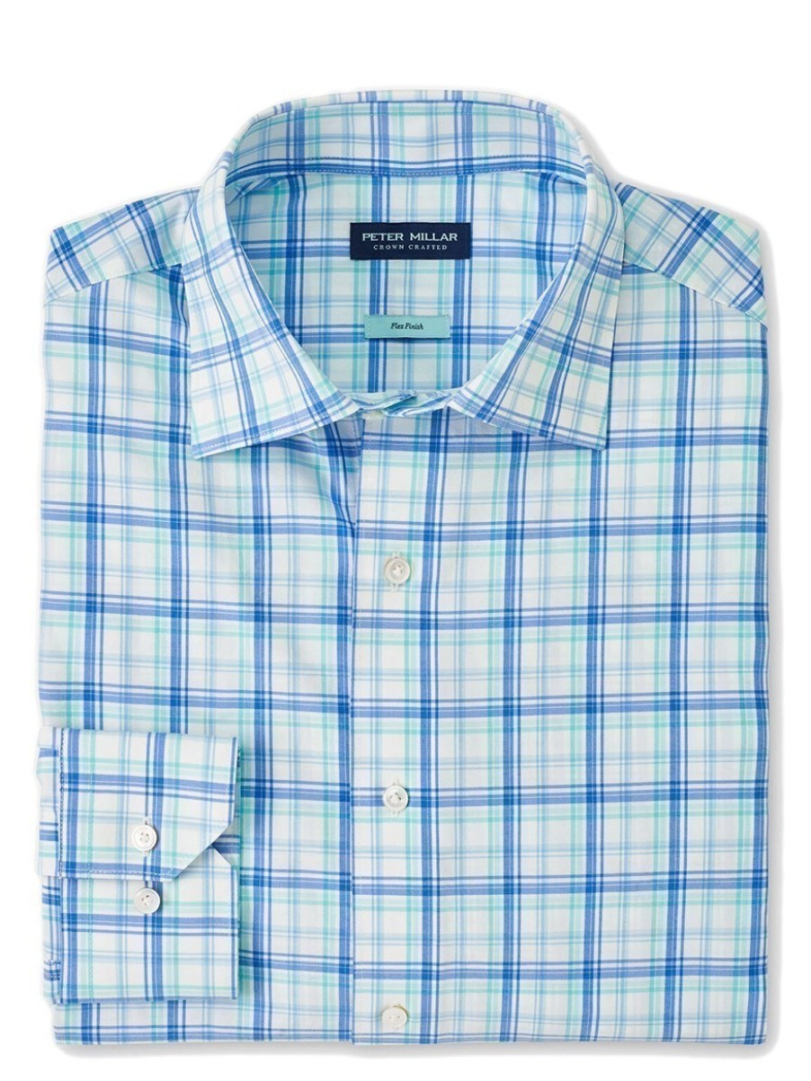 Men'S Peter Millar Dress Shirts | Savoy Performance Poplin Sport Shirt Marina Blue | Peter Millar