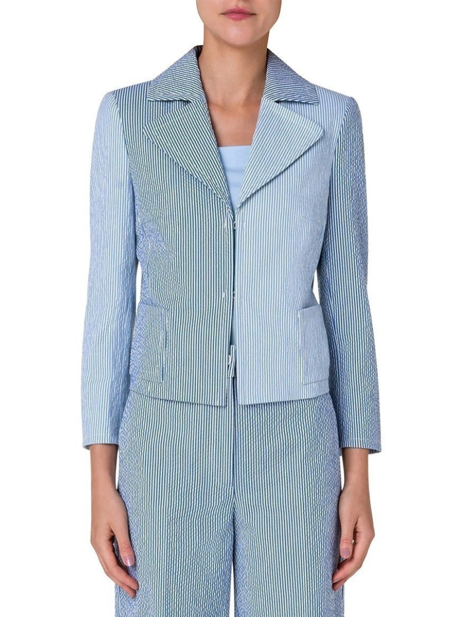 Women'S Akris Punto Tops | Colorblock Crop Seersucker Blazer Cream/Pale Denim | Akris Punto