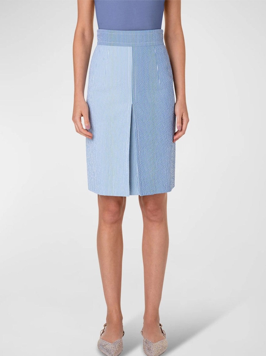 Women'S Akris Punto Skirts | Colorblock Seersucker Midi Skirt Denim/Cream | Akris Punto