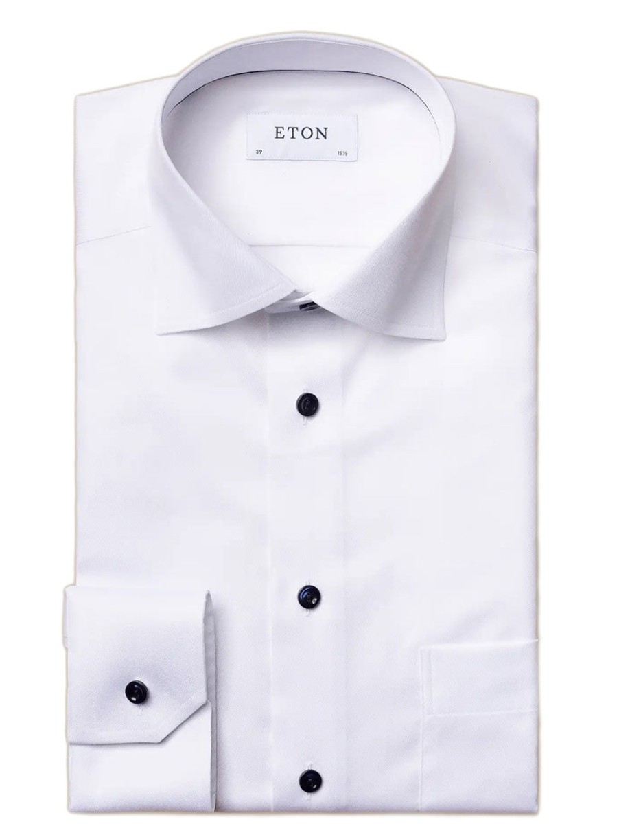 Men'S Eton Dress Shirts | Classic Fit White Twill Dress Shirt With Navy Details | Eton