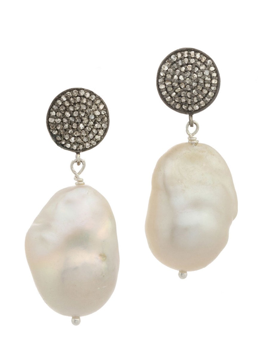 Women'S Margo Morrison Earrings | Margo Morrison White Baroque Pearl Earrings With Pave Diamonds