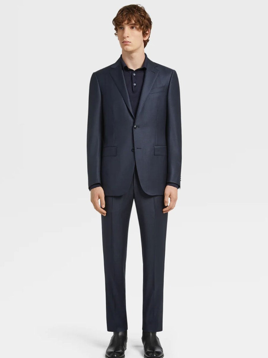 Men'S Zegna Suits | Buy Navy Blue Milano Trofeo Wool Suit In Pinpoint Pattern Suits