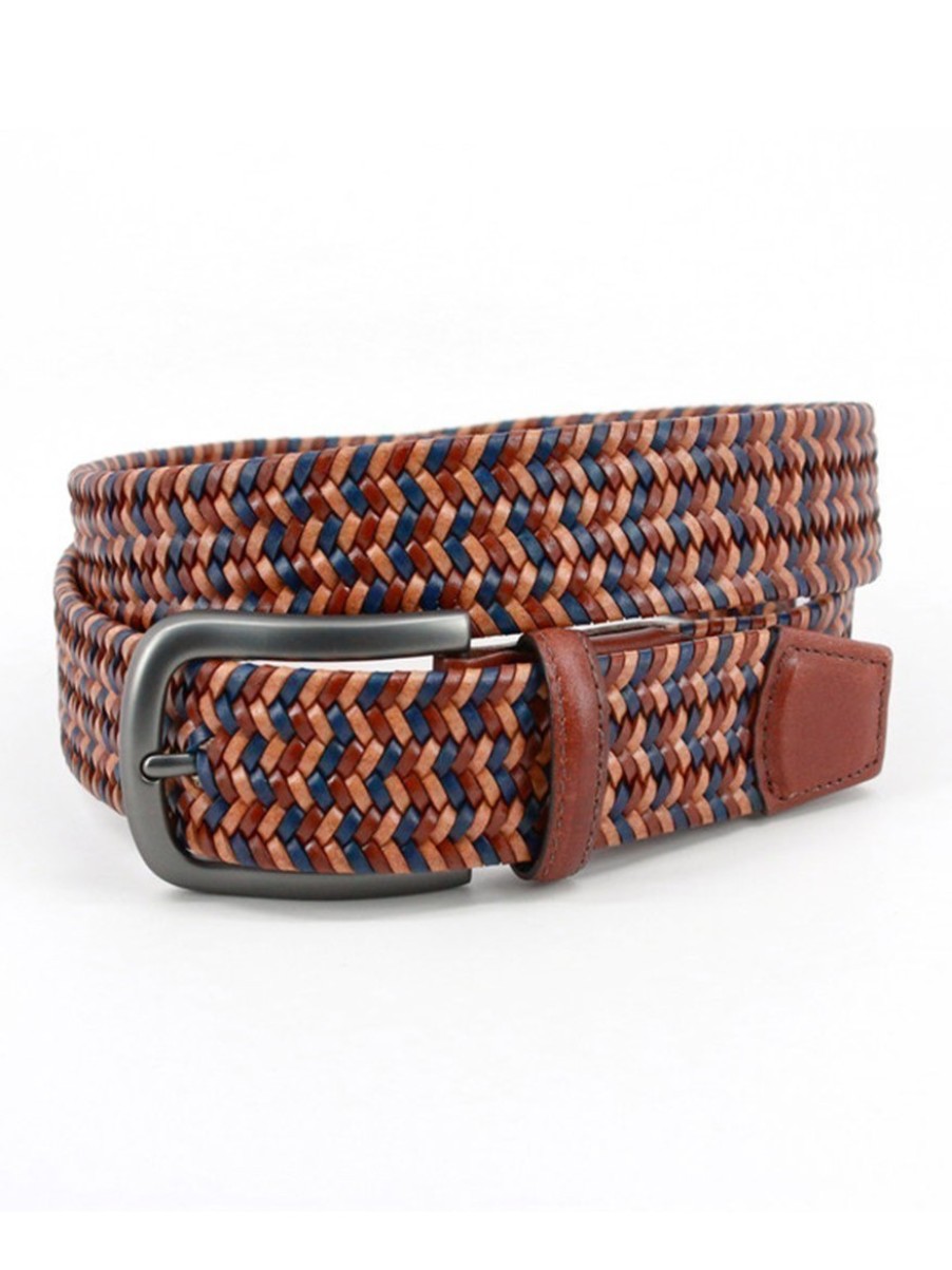 Men'S Torino Leather Belts | Italian Mini-Strand Woven Stretch Leather Belt Tan Multi | Torino Leather