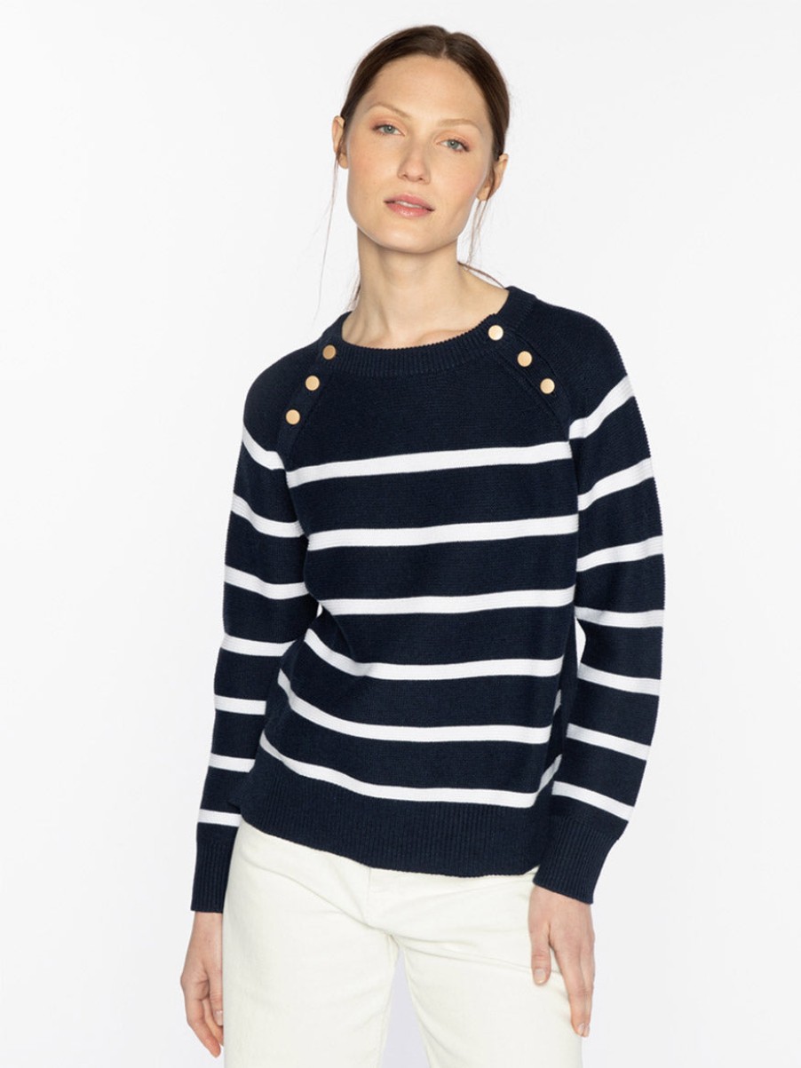 Women'S Kinross Sweaters | Stripe Button Crew In Navy | Kinross